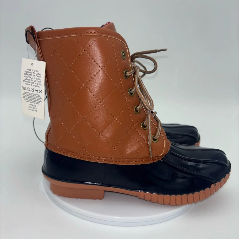 NEW Duck Boots Navy Blue Brown Youth Womens 5 Plaid Lace-Up Waterproof Fisherman